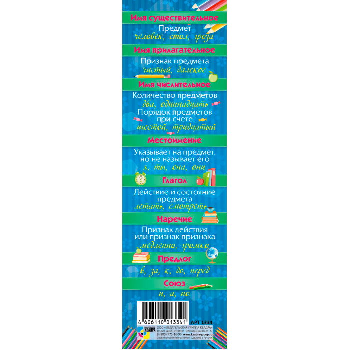 Закладка-шпаргалка Квадра, "Части речи", 60*210мм, картон
