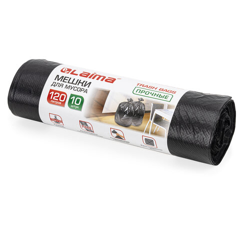 Мешки для мусора 120 л, черные, в рулоне 10 шт., прочные, ПНД 18 мкм, 70х110 см, LAIMA
