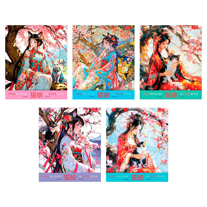 Тетрадь 48л.кл.скрепка Hatber, "Neko-Neko" пластик. обложка, 5 диз.