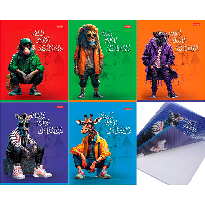 Тетрадь 48л.кл.скрепка Hatber, "COOL Animals" пластик. обложка, 5 диз.