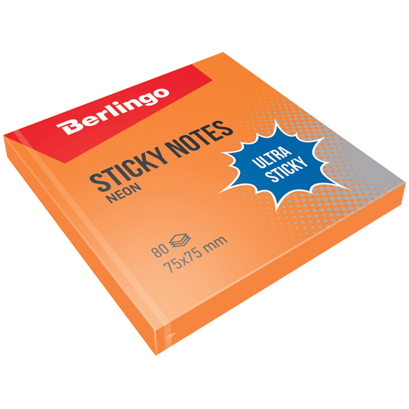 Самоклеящийся блок Berlingo "Ultra Sticky", 75*75мм, 80л., оранжевый неон LSn_39204