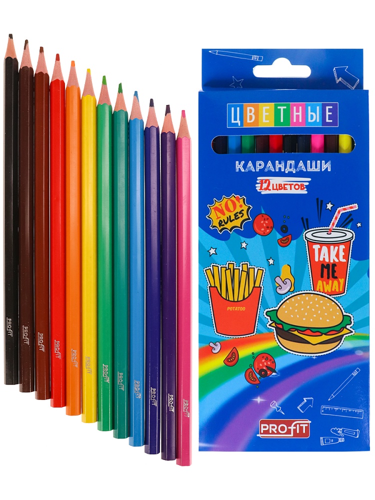 Карандаши цветн,набор,гексаг. 12цв. FAST FOOD (КЦ-1511) гриф.d=2,65мм,в к/к