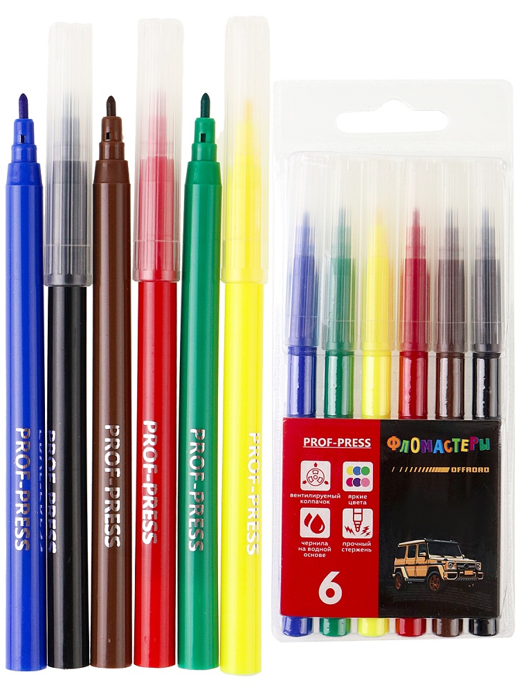Фломастеры с вентилируемым колпачком 6цв. ВНЕДОРОЖНИК (ФЛ-4884) в пласт. блистере