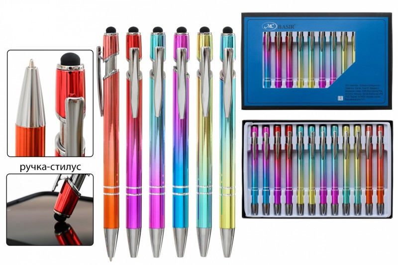 Ручка металлическая: автоматическая со стилусом; цветной градиент корпус /ассорти/, цвет чернил синий.