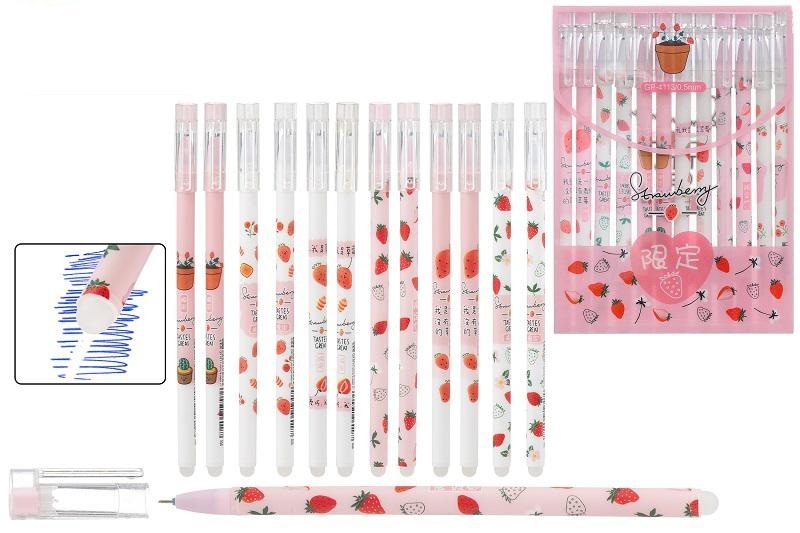 Ручка со стираемыми чернилами гелевая: "КЛУБНИКА"; цветной с рисунком корпус /ассорти/; толщина пишущего наконечника-0,5 mm; цвет чернил-синий, в плас