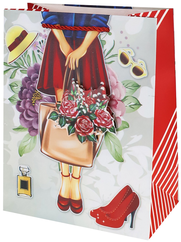 Пакет подар.с мат.лам.,глит.и 3Dэлем.,26*32*10см(L),Красная туфелька