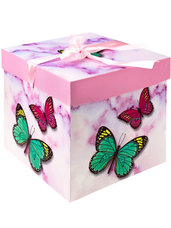 Коробка складная Бабочки, розовая 10х10х10 см, с лентой