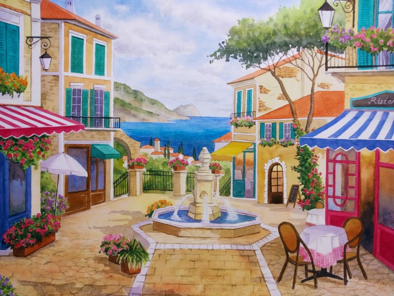 Холст с красками 17х22 по номер. в кор. (14цв.) Городской фонтан (Арт. Х-3851)