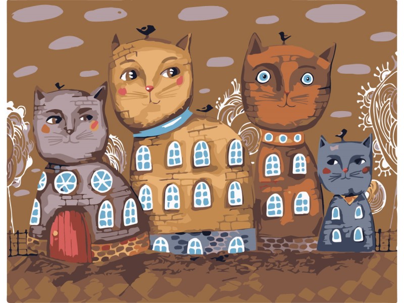 Холст с красками 17х22 по номер. в кор. (16цв.) Семейство котов (Арт. Х-3943)