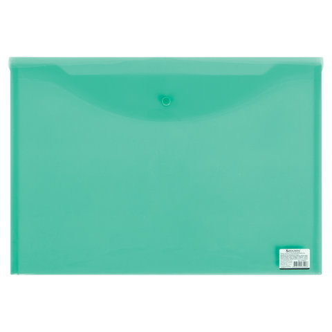 Папка-конверт с кнопкой BRAUBERG, А3, прозрачная, зеленая, 0,18 мм