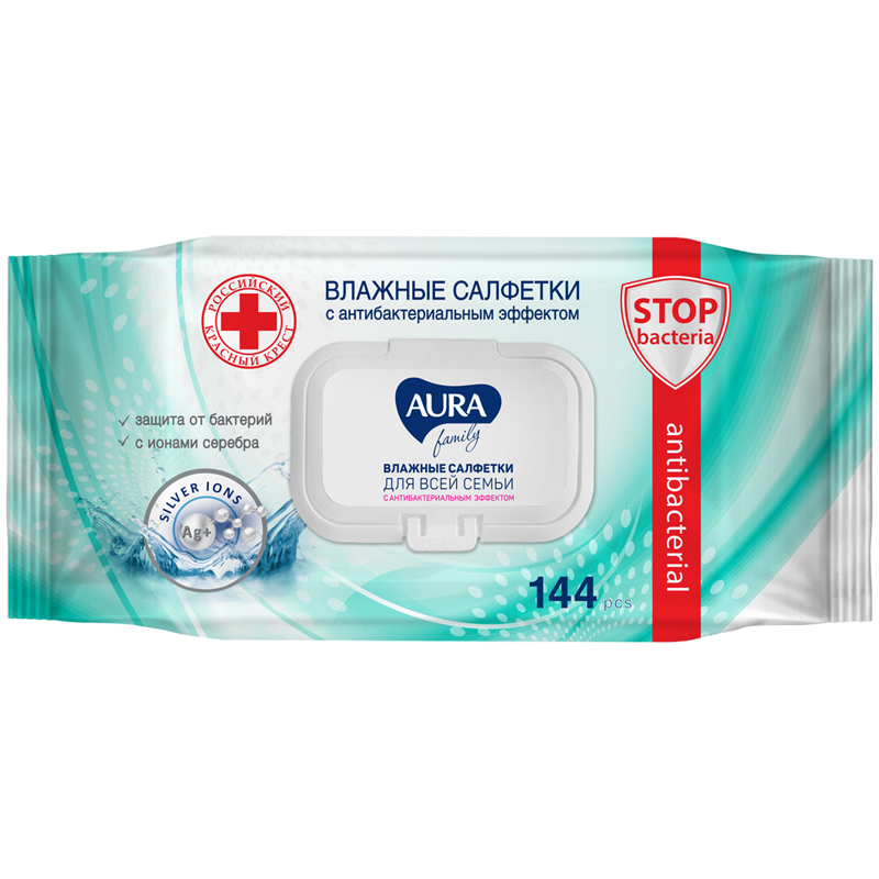 Салфетки влажные Aura FAMILY, big-pack с крышкой, 15*14см, 144шт., антибактериальные