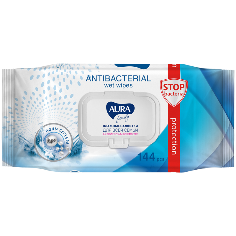 Салфетки влажные Aura FAMILY, big-pack с крышкой, 15*14см, 144шт., антибактериальные