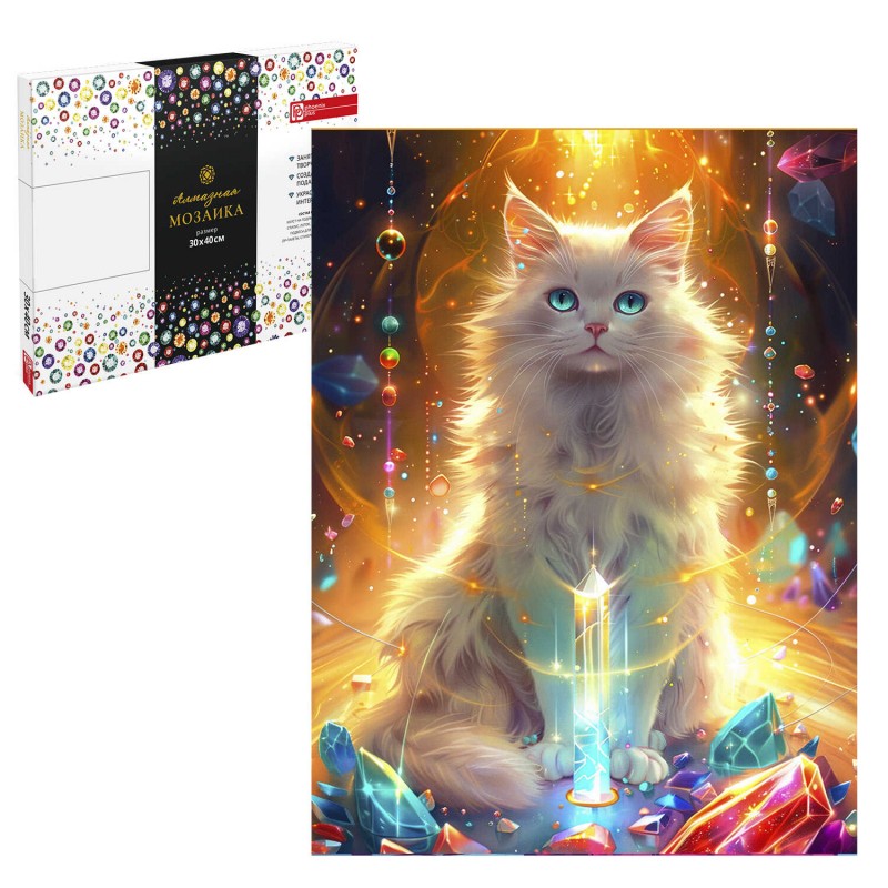 Алмазная мозаика арт. 68637 / 25 КОТ И САМОЦВЕТЫ, размер: 30*40 см, (28 цветов страз, холст на подрамнике с напечатанной картиной, покрытый клеевым сл