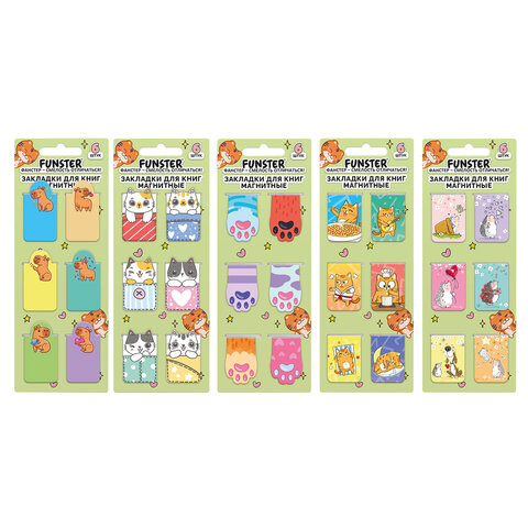 Закладки для книг МАГНИТНЫЕ, "АССОРТИ 5 ДИЗАЙНОВ ЗВЕРЯТА", набор 6 штук, 35x25 мм, FUNSTER