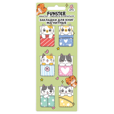 Закладки для книг МАГНИТНЫЕ, "АССОРТИ 5 ДИЗАЙНОВ ЗВЕРЯТА", набор 6 штук, 35x25 мм, FUNSTER