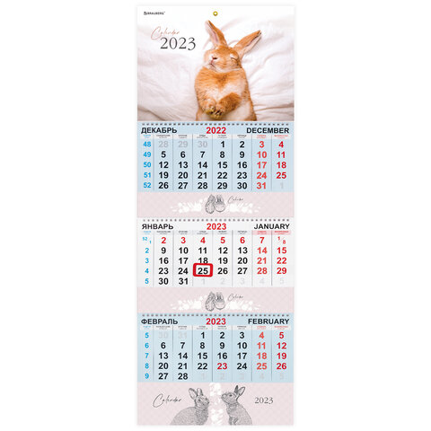 Календарь квартальный на 2023 г., 3 блока, 3 гребня, с бегунком, мелованная бумага, "BUNNY", BRAUBERG, 114247