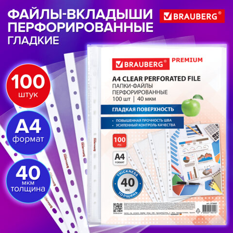 Папки-файлы перфорированные А4 BRAUBERG PREMIUM, КОМПЛЕКТ 100 шт., гладкие, 40 мкм, 273007
