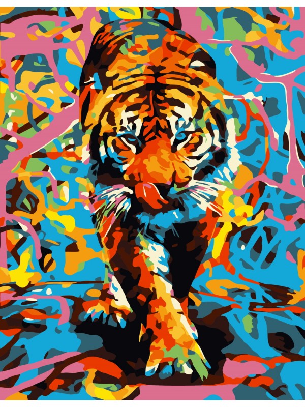 Холст с красками 17х22 по номер. в кор. (13цв.) Тигр на цветном фоне (Арт. Х-3945)