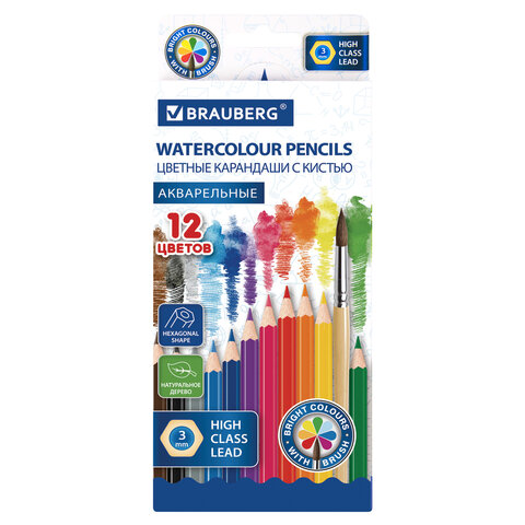 Карандаши цветные акварельные BRAUBERG 12 цветов с КИСТЬЮ, шестигранные, грифель 3 мм, натуральное дерево