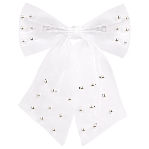 Заколка для волос 16х14 см, баретте с бантом и бусинами, белый, MONTE VITA