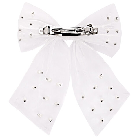 Заколка для волос 16х14 см, баретте с бантом и бусинами, белый, MONTE VITA
