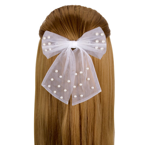 Заколка для волос 16х14 см, баретте с бантом и бусинами, белый, MONTE VITA