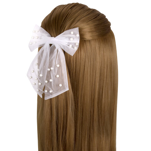 Заколка для волос 16х14 см, баретте с бантом и бусинами, белый, MONTE VITA