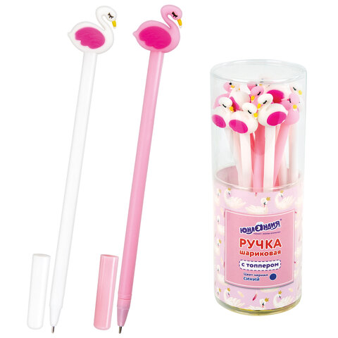 Ручка с топпером шариковая ЮНЛАНДИЯ Лебедь, корпус ассорти, СИНЯЯ, пишущий узел 0,7 мм, 143801
