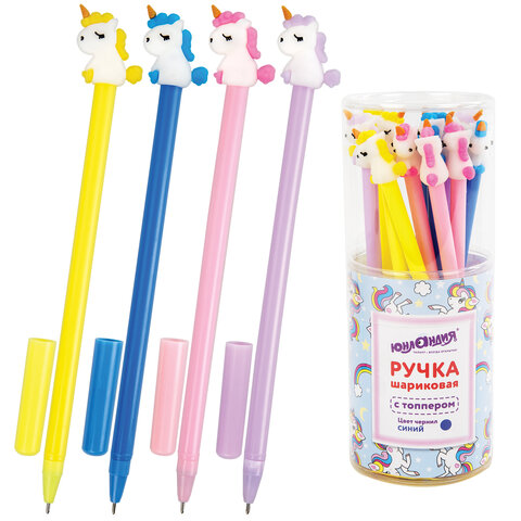 Ручка с топпером шариковая ЮНЛАНДИЯ Единорог, корпус ассорти, СИНЯЯ, пишущий узел 0,7 мм, 143805