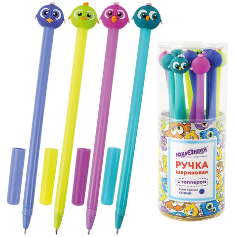 Ручка с топпером шариковая ЮНЛАНДИЯ Птенец, корпус ассорти, СИНЯЯ, пишущий узел 0,7 мм, 143811