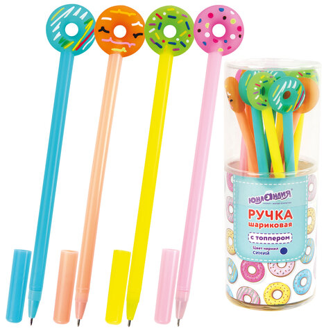 Ручка с топпером шариковая ЮНЛАНДИЯ Пончик, корпус ассорти, СИНЯЯ, пишущий узел 0,7 мм, 143799