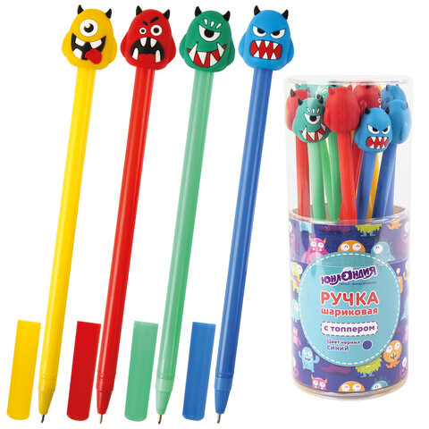 Ручка с топпером шариковая ЮНЛАНДИЯ Монстрик, корпус ассорти, СИНЯЯ, пишущий узел 0,7 мм, 143798