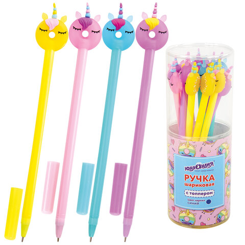 Ручка с топпером шариковая ЮНЛАНДИЯ Единорог-пончик, корпус ассорти, СИНЯЯ, пишущий узел 0,7 мм, 143803