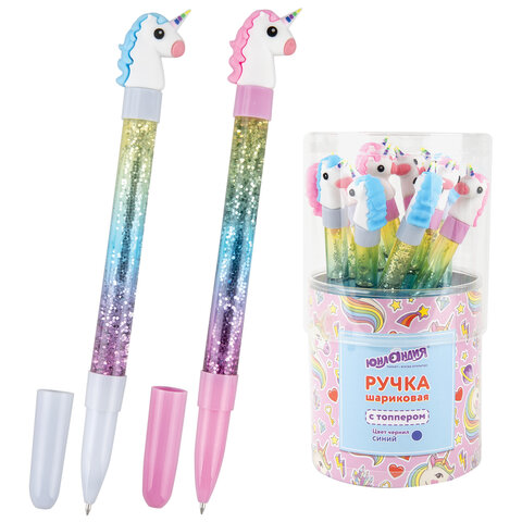 Ручка с топпером и блестками шариковая ЮНЛАНДИЯ Единорог, детали ассорти, СИНЯЯ, пишущий узел 0,7 мм, 143791