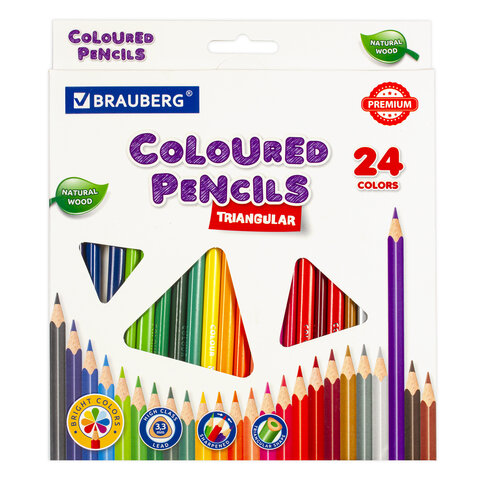 Карандаши цветные BRAUBERG PREMIUM, 24 цвета, трехгранные, грифель 3,3 мм