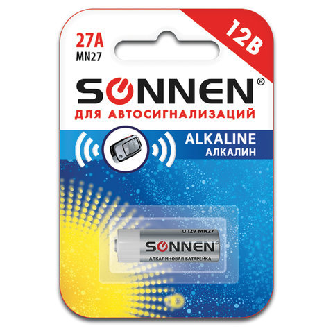 Батарейка SONNEN Alkaline, 27А (MN27), алкалиновая, для сигнализаций, 1 шт., в блистере