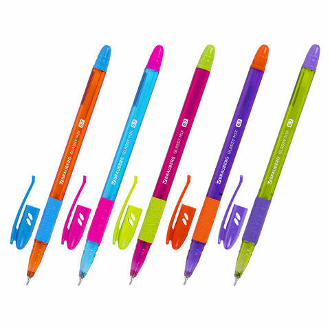 Ручка шариковая масляная с грипом BRAUBERG GLASSY MIX, СИНЯЯ, корпус ассорти, линия письма 0,35 мм