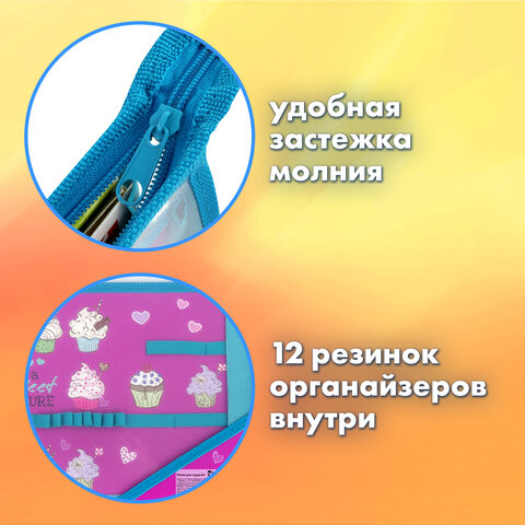 Папка для труда BRAUBERG А4, 2 отделения, пластик, молния сверху, органайзер, "Cup Cakes"
