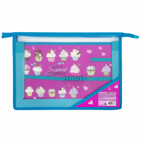 Папка для труда BRAUBERG А4, 2 отделения, пластик, молния сверху, органайзер, "Cup Cakes"
