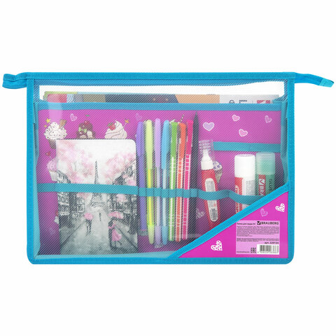 Папка для труда BRAUBERG А4, 2 отделения, пластик, молния сверху, органайзер, "Cup Cakes"