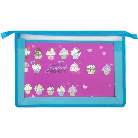 Папка для труда BRAUBERG А4, 2 отделения, пластик, молния сверху, органайзер, "Cup Cakes"