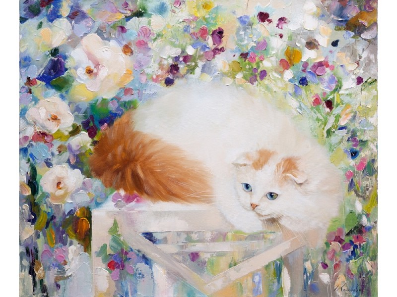 Алмаз мозаика (класс.) 30х40 см, с подр., с полн. заполн. (30цв) Белая кошка в саду