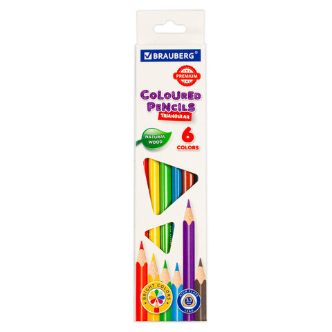 Карандаши цветные BRAUBERG PREMIUM, 6 цветов, трехгранные, грифель мягкий 3,3 мм