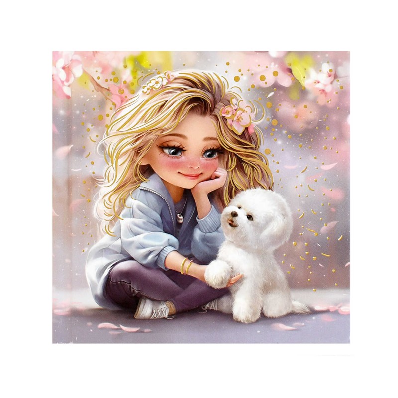 Блокноты "Notebook", 105х105 мм, 48 л, арт. 70120 БЛОНДИНКА С СОБАЧКОЙ / Блок - белый офсет 60 г/м², дизайнерский блок(клетка), твёрдый переплёт 7БЦ,