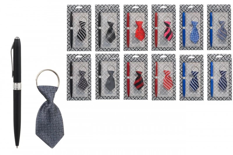 Набор подарочный мужской: брелок для ключей в виде галстука (материал атлас) /ассорти/+авторучка с поворотным механизмом; в подарочной пластиковой упа