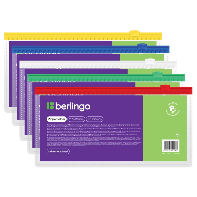 Папка-конверт на молнии Berlingo, 255*130мм, 110мкм, прозрачная, ассорти, для ж/д и авиа билетов