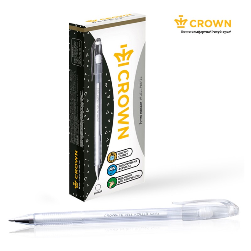 Ручка гелевая Crown "Hi-Jell Pastel" белая пастель, 0,8мм