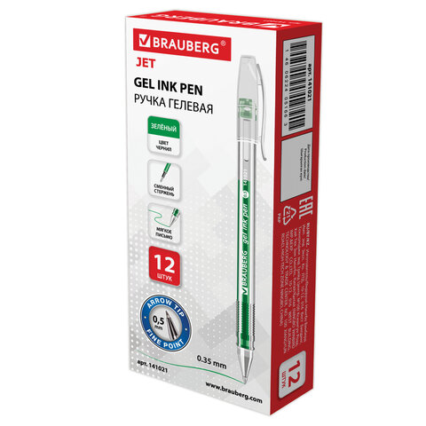 Ручка гелевая BRAUBERG "Jet", корпус прозрачный, узел 0,5 мм, линия 0,35 мм, зеленая