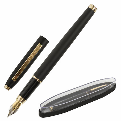 Ручка подарочная перьевая BRAUBERG "Brioso", СИНЯЯ, корпус черный с золотистыми деталями