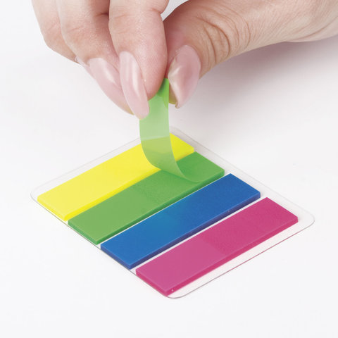 Закладки клейкие STAFF НЕОНОВЫЕ пластиковые, 45х12 мм, 4 цвета х 25 листов, европодвес